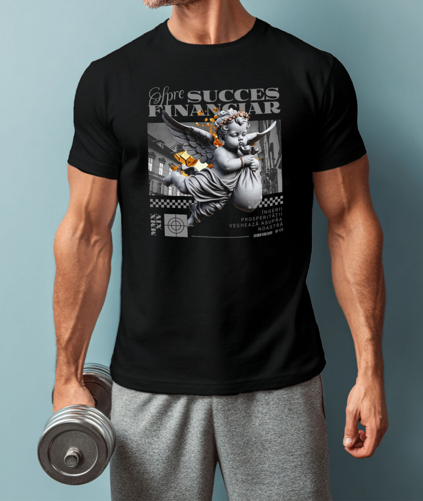 Tricou Femei, Barbati, Copii, Fata, Baiat, Unisex Personalizat Înger cu Sac de Bani în Zbor – Statuie Motivatională „Spre Succes Financiar” – Cadou Personalizat pentru Familie, Tati, Copii, Prieteni [2]