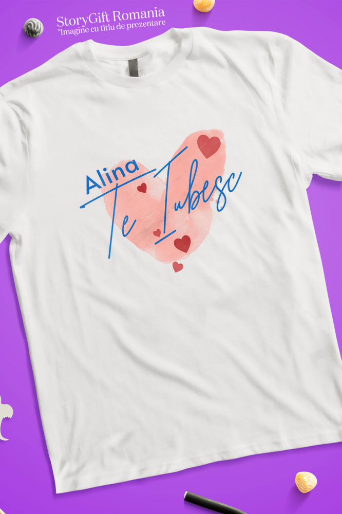 Tricou Femei, Barbati, Copii, Fata, Baiat, Unisex Personalizat Inima Stil Amprentă cu Mesaj „Alina, Te Iubesc” – Cadou Personalizat de Valentine's Day [3]