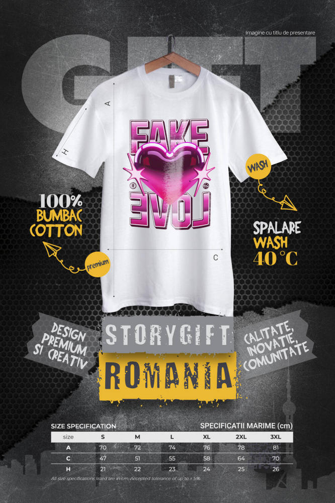 Tricou Femei, Barbati, Copii, Fata, Baiat, Unisex Personalizat Inimă Strălucitoare Roz cu Mesaj „Fake Love” – Cadou Personalizat pentru Valentine's Day [4]