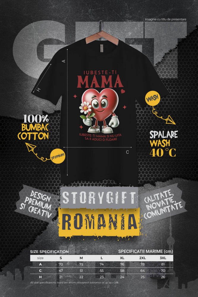 Tricou Femei, Barbati, Copii, Fata, Baiat, Unisex Personalizat "Iubește-ți Mama – Cadouri Personalizate cu Inimă și Floare Roz" [4]