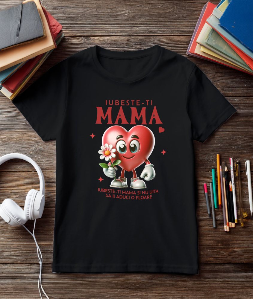 Tricou Femei, Barbati, Copii, Fata, Baiat, Unisex Personalizat "Iubește-ți Mama – Cadouri Personalizate cu Inimă și Floare Roz" [3]