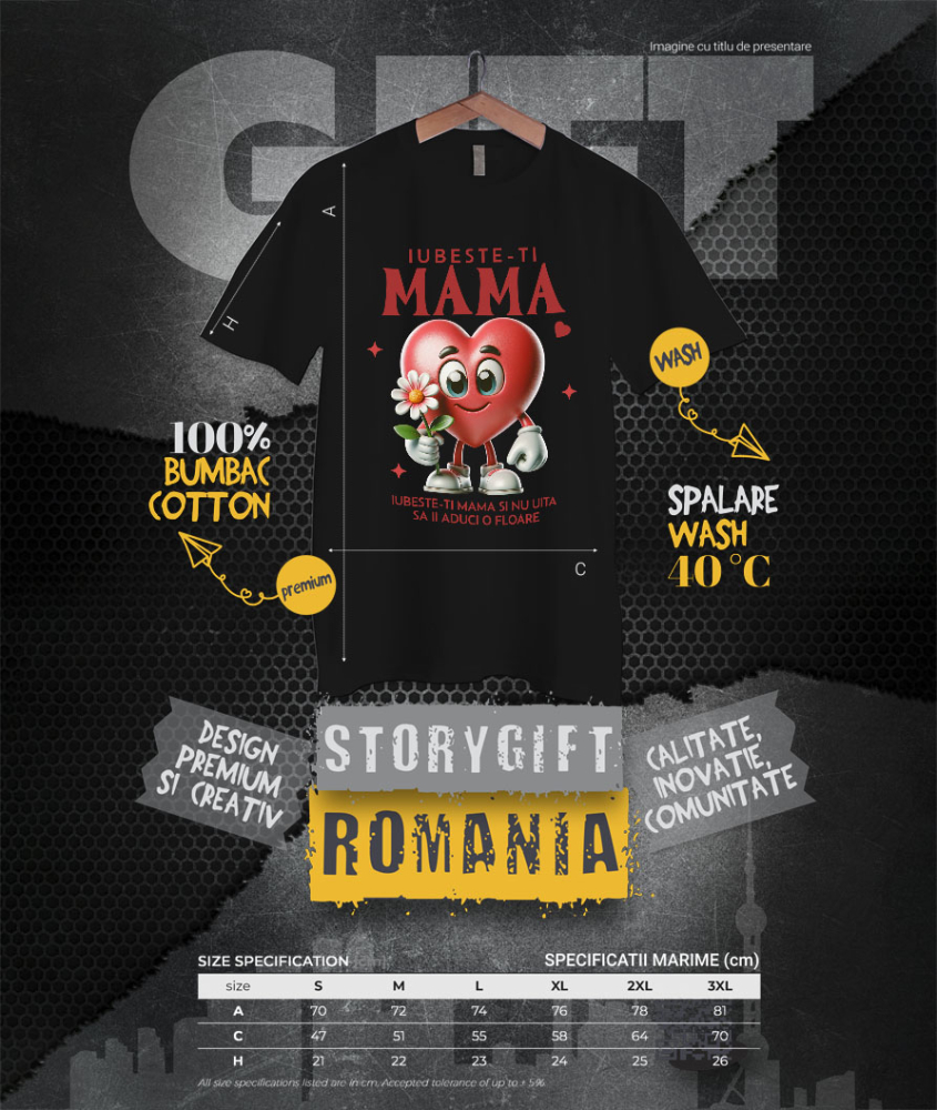 Tricou Femei, Barbati, Copii, Fata, Baiat, Unisex Personalizat "Iubește-ți Mama – Cadouri Personalizate cu Inimă și Floare Roz" [4]