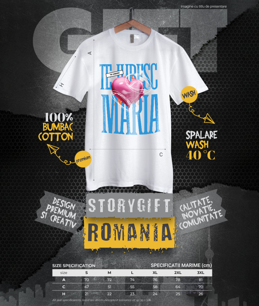 Tricou Femei, Barbati, Copii, Fata, Baiat, Unisex Personalizat „Mesaj Romantic Cu Inima Zburătoare - Cadou Personalizat „Te Iubesc Maria” pentru Familie, Copii și Prieteni de Valentine's Day” [4]