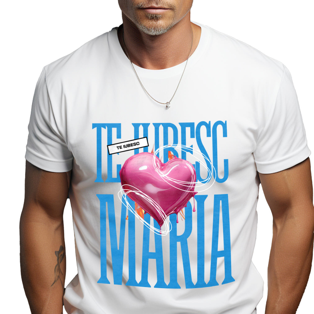 Tricou Femei, Barbati, Copii, Fata, Baiat, Unisex Personalizat „Mesaj Romantic Cu Inima Zburătoare - Cadou Personalizat „Te Iubesc Maria” pentru Familie, Copii și Prieteni de Valentine's Day” [1]