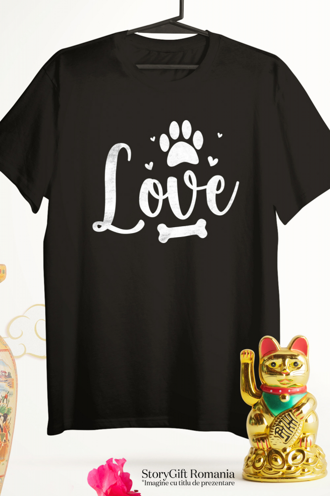 Tricou Barbati cu inimioare, labuta si os pentru iubitorii de caini cu imprimeu pe Fata, 100% Bumbac, Negru, M [2]