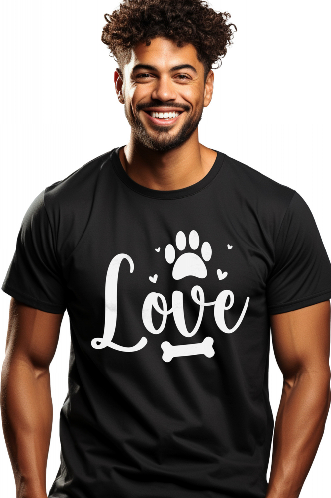 Tricou Barbati cu inimioare, labuta si os pentru iubitorii de caini cu imprimeu pe Fata, 100% Bumbac, Negru, M [1]