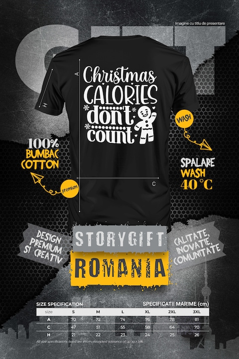 Tricou Barbati cu inimioare si textul "Caloriile de Craciun nu sunt luate in considerare" cu imprimeu pe Spate, 100% Bumbac, Negru, M [3]