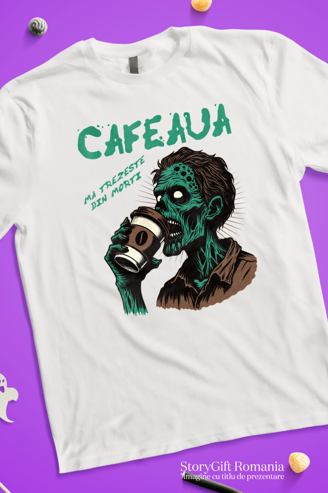 Tricou Femei, Barbati, Copii, Fata, Baiat, Unisex Personalizat Zombie Halloween - Design Înfricoșător și Amuzant cu Cafea - Cadouri Personalizate [3]