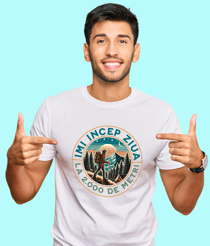 Tricou Femei, Barbati, Copii, Fata, Baiat, Unisex Personalizat "Barbat Pe Munte – Cadou Personalizat cu Mesajul ‘Îmi Încep Ziua La 2.000 Metri’ pentru Iubitorii de Natură" [2]