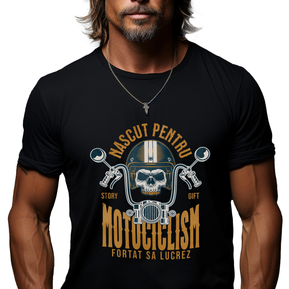 Tricou Femei, Barbati, Copii, Fata, Baiat, Unisex Personalizat Iubitorii de Motociclete – Craniu cu Cască și Dinți de Aur [1]