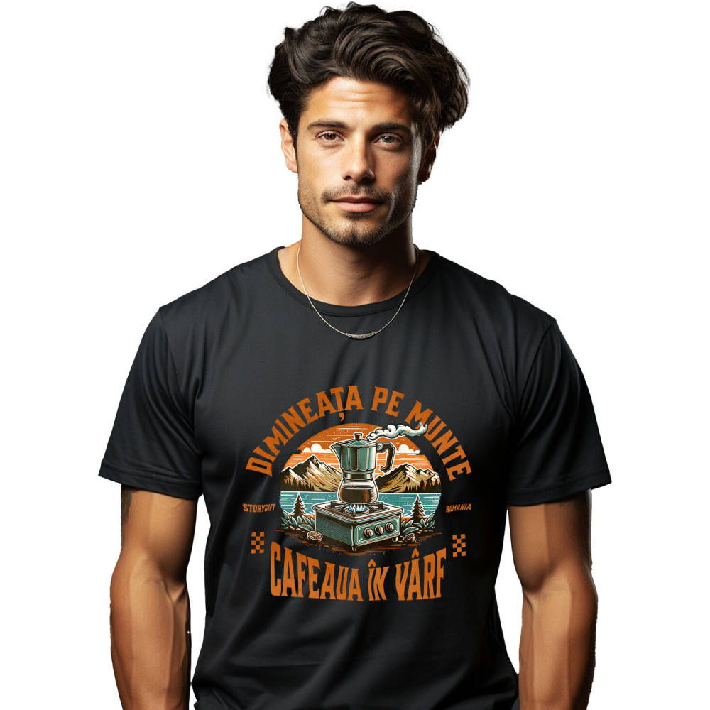 Tricou Femei, Barbati, Copii, Fata, Baiat, Unisex Personalizat "Dimineața pe Munte cu Cafea Fierbinte – Aventură în Natură" [1]