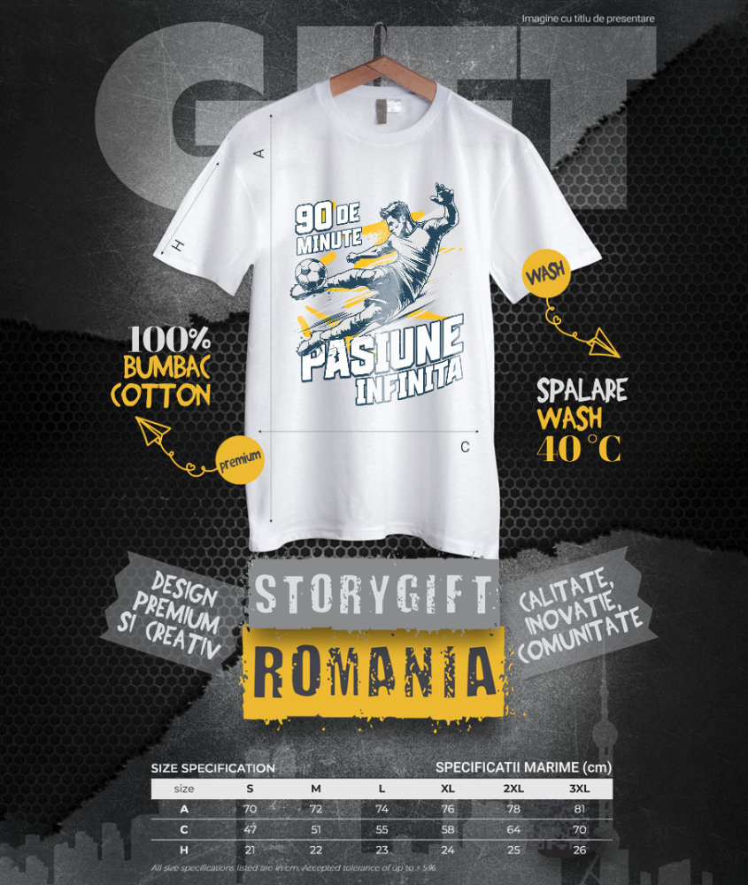 Tricou Femei, Barbati, Copii, Fata, Baiat, Unisex Personalizat Jucător Fotbal Campion – Lovitură Minge Sport Motivational „90 Minute Pasiune Infinita” [4]