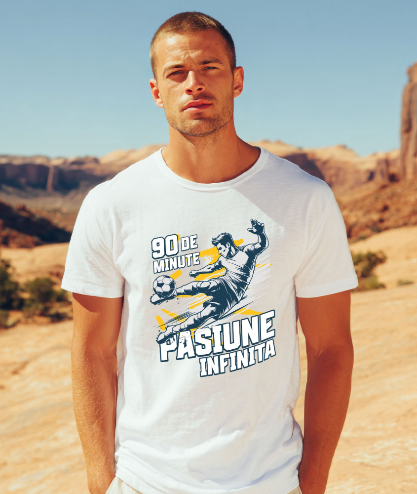 Tricou Femei, Barbati, Copii, Fata, Baiat, Unisex Personalizat Jucător Fotbal Campion – Lovitură Minge Sport Motivational „90 Minute Pasiune Infinita” [2]