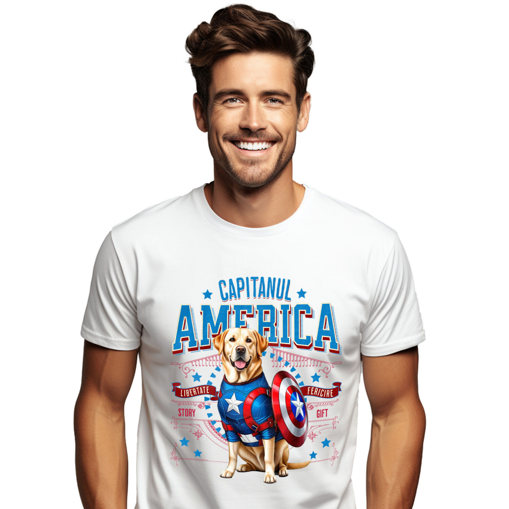 Tricou Femei, Barbati, Copii, Fata, Baiat, Unisex Personalizat Labrador în Costum Captain America cu Pelerină - Cadou Personalizat pentru Copii și Iubitorii de Câini [1]