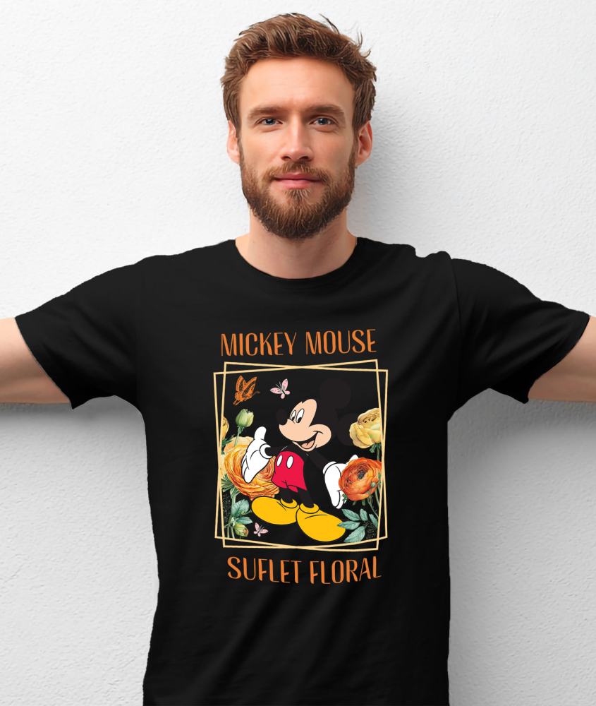 Tricou Barbati cu Lumea Vesela a Florilor cu Mickey Mouse  100% Bumbac, Negru, L [2]