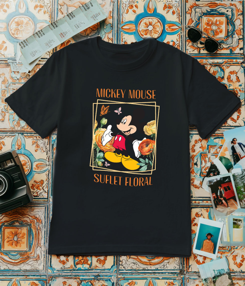 Tricou Barbati cu Lumea Vesela a Florilor cu Mickey Mouse  100% Bumbac, Negru, L [3]