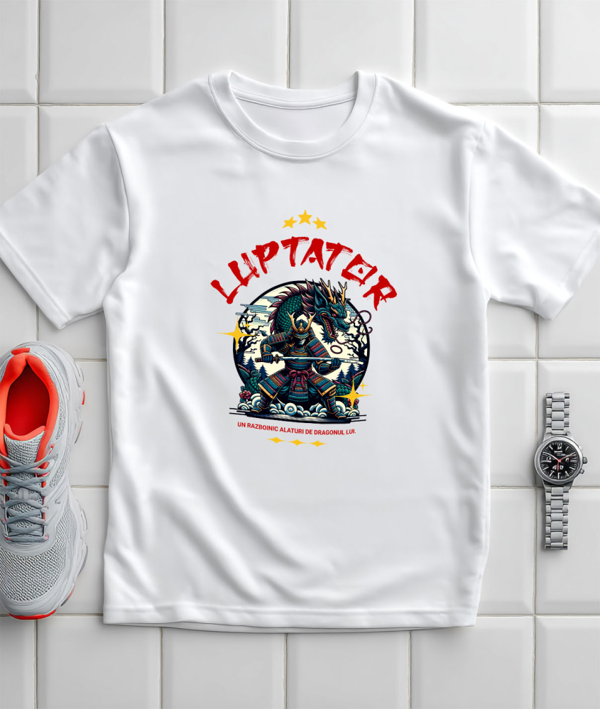 Tricou Femei, Barbati, Copii, Fata, Baiat, Unisex Personalizat Cadouri personalizate – Războinic cu armură și dragon imens din cultura chineză [3]