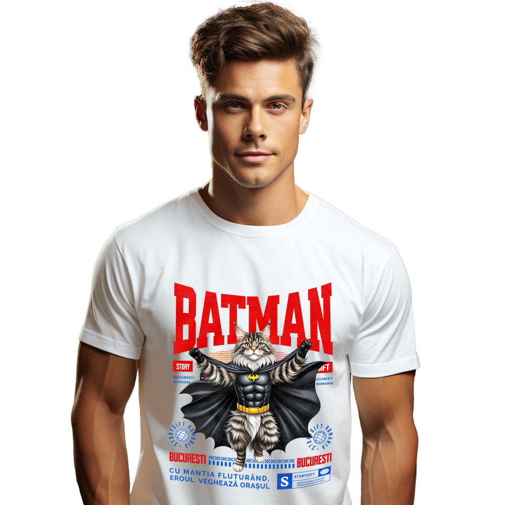 Tricou Femei, Barbati, Copii, Fata, Baiat, Unisex Personalizat Pisica Maine Coon în Costum de Batman – Supereroul Perfect pentru Iubitorii de Pisici și Copii [1]