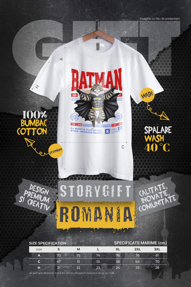 Tricou Femei, Barbati, Copii, Fata, Baiat, Unisex Personalizat Pisica Maine Coon în Costum de Batman – Supereroul Perfect pentru Iubitorii de Pisici și Copii [4]