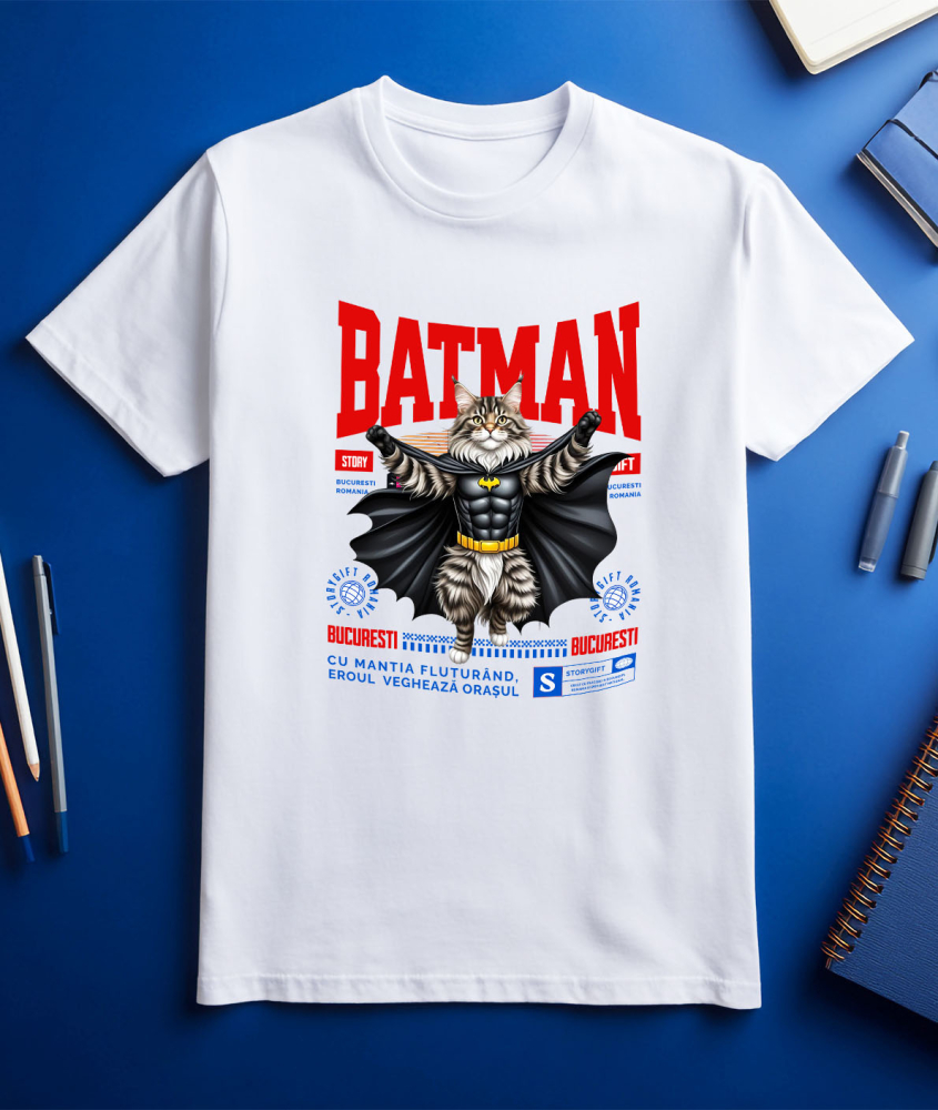 Tricou Femei, Barbati, Copii, Fata, Baiat, Unisex Personalizat Pisica Maine Coon în Costum de Batman – Supereroul Perfect pentru Iubitorii de Pisici și Copii [3]