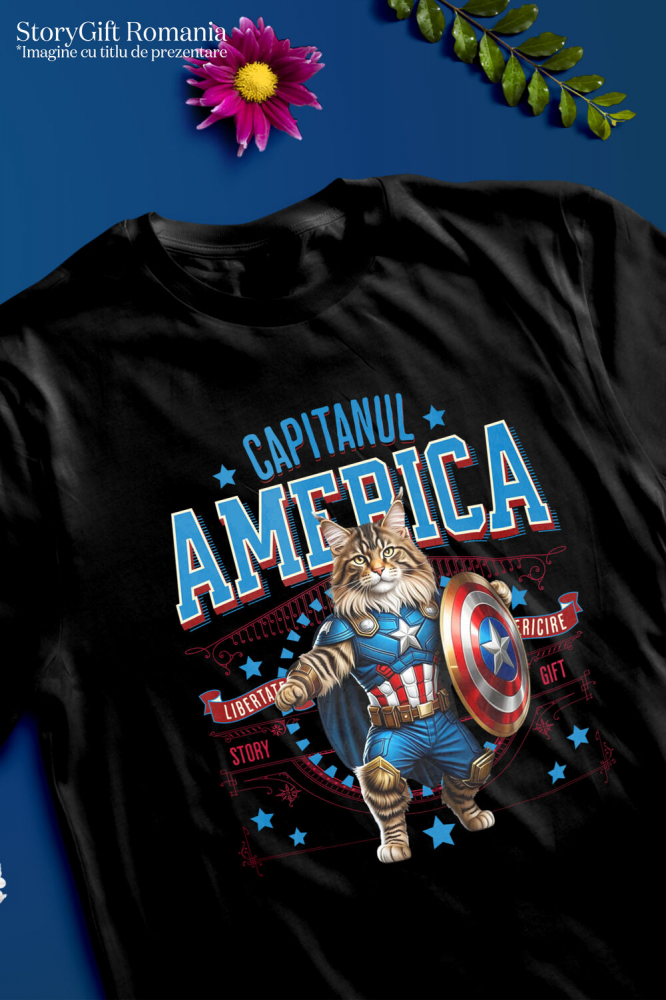 Tricou Femei, Barbati, Copii, Fata, Baiat, Unisex Personalizat Pisica Maine Coon în Costum de Captain America cu Pelerină - Cadou Personalizat pentru Copii și Iubitorii de Pisici [3]