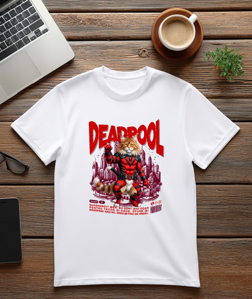 Tricou Femei, Barbati, Copii, Fata, Baiat, Unisex Personalizat Pisică Maine Coon în Costum Deadpool – Supererou Amuzant și Personalizat [3]