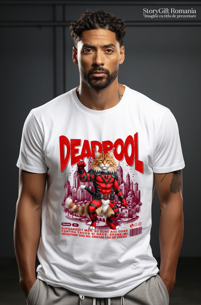 Tricou Femei, Barbati, Copii, Fata, Baiat, Unisex Personalizat Pisică Maine Coon în Costum Deadpool – Supererou Amuzant și Personalizat [2]