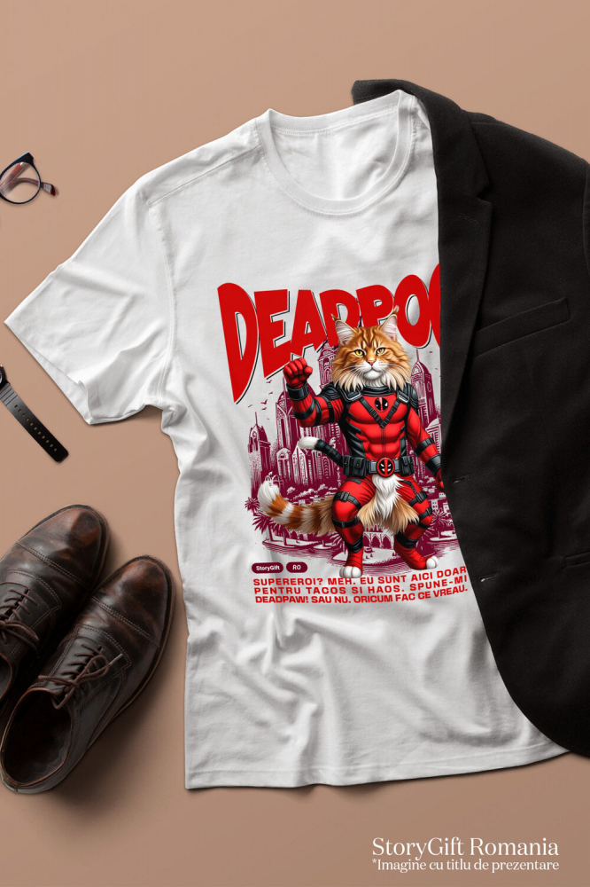 Tricou Femei, Barbati, Copii, Fata, Baiat, Unisex Personalizat Pisică Maine Coon în Costum Deadpool – Supererou Amuzant și Personalizat [3]
