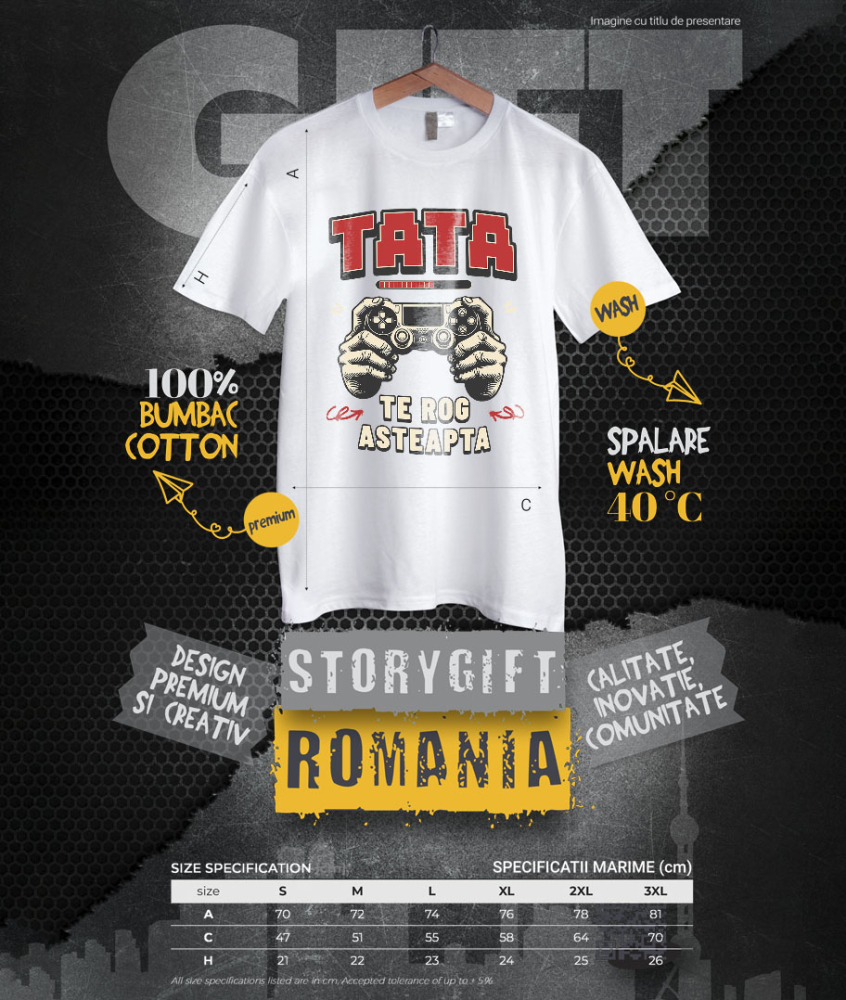 Tricou Femei, Barbati, Copii, Fata, Baiat, Unisex Personalizat Mâini de Bărbat cu Manetă de Jocuri Video - Cadou Personalizat „Tata Te Rog Așteaptă” pentru Familie și Prieteni [4]