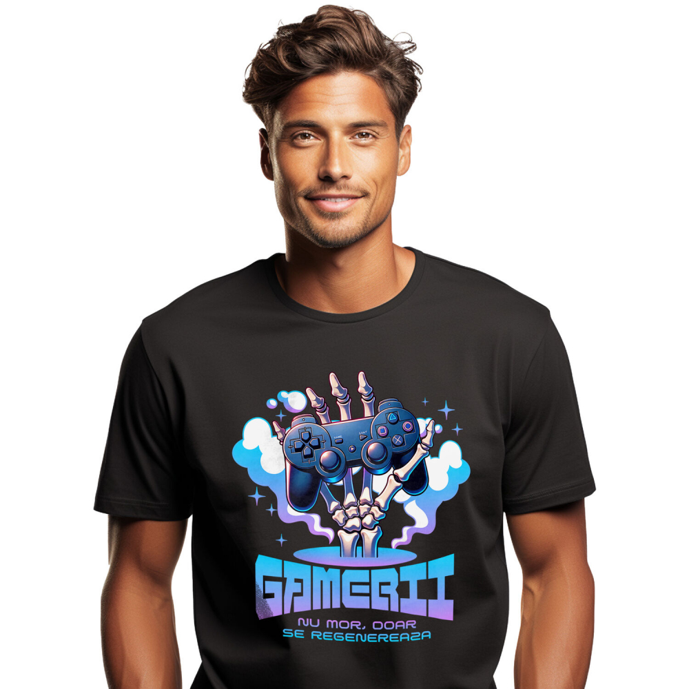 Tricou Femei, Barbati, Copii, Fata, Baiat, Unisex Personalizat Mână Schelet cu Manetă Jocuri Video „Gamerii Nu Mor Doar Se Revanșează” - Cadou Personalizat pentru Gameri și Familie [1]
