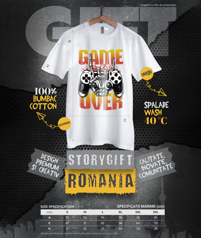 Tricou Femei, Barbati, Copii, Fata, Baiat, Unisex Personalizat Manetă Joc Video cu Mâna Schelet „Game Over” - Cadou Personalizat pentru Gameri și Familie [4]