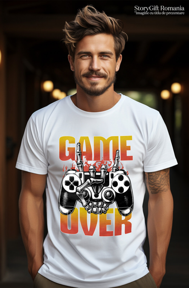 Tricou Femei, Barbati, Copii, Fata, Baiat, Unisex Personalizat Manetă Joc Video cu Mâna Schelet „Game Over” - Cadou Personalizat pentru Gameri și Familie [2]