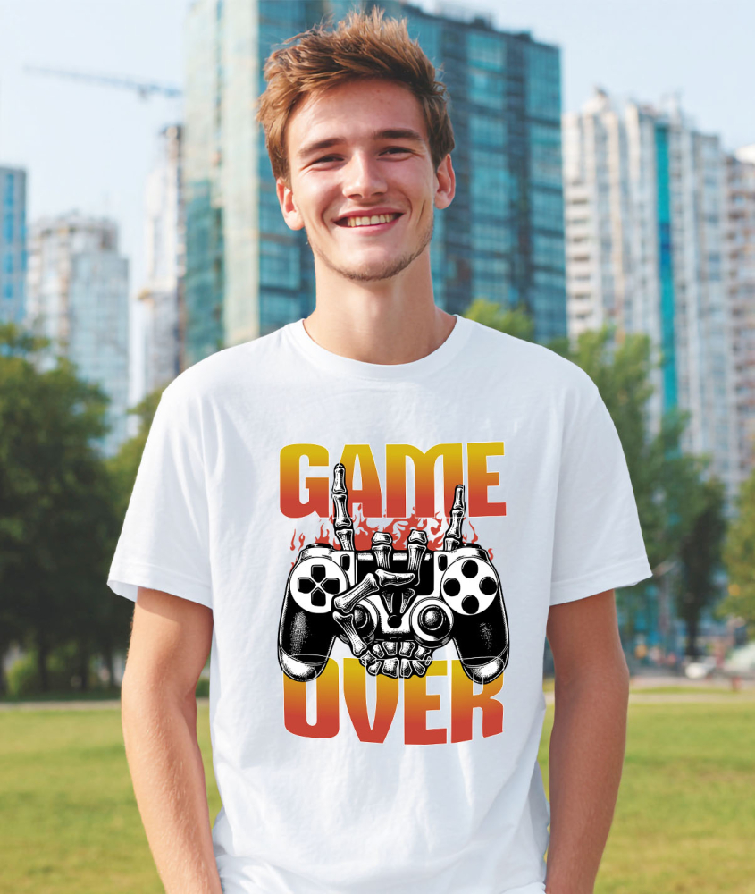 Tricou Femei, Barbati, Copii, Fata, Baiat, Unisex Personalizat Manetă Joc Video cu Mâna Schelet „Game Over” - Cadou Personalizat pentru Gameri și Familie [2]