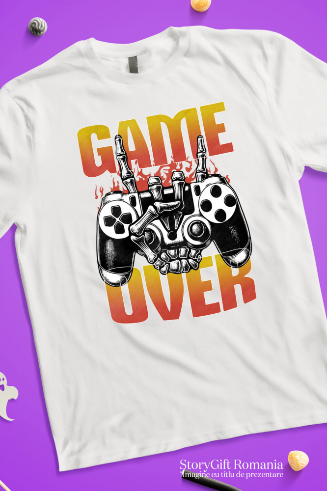 Tricou Femei, Barbati, Copii, Fata, Baiat, Unisex Personalizat Manetă Joc Video cu Mâna Schelet „Game Over” - Cadou Personalizat pentru Gameri și Familie [3]
