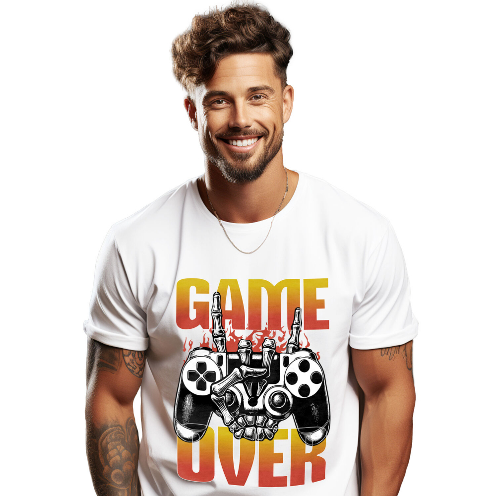 Tricou Femei, Barbati, Copii, Fata, Baiat, Unisex Personalizat Manetă Joc Video cu Mâna Schelet „Game Over” - Cadou Personalizat pentru Gameri și Familie [1]