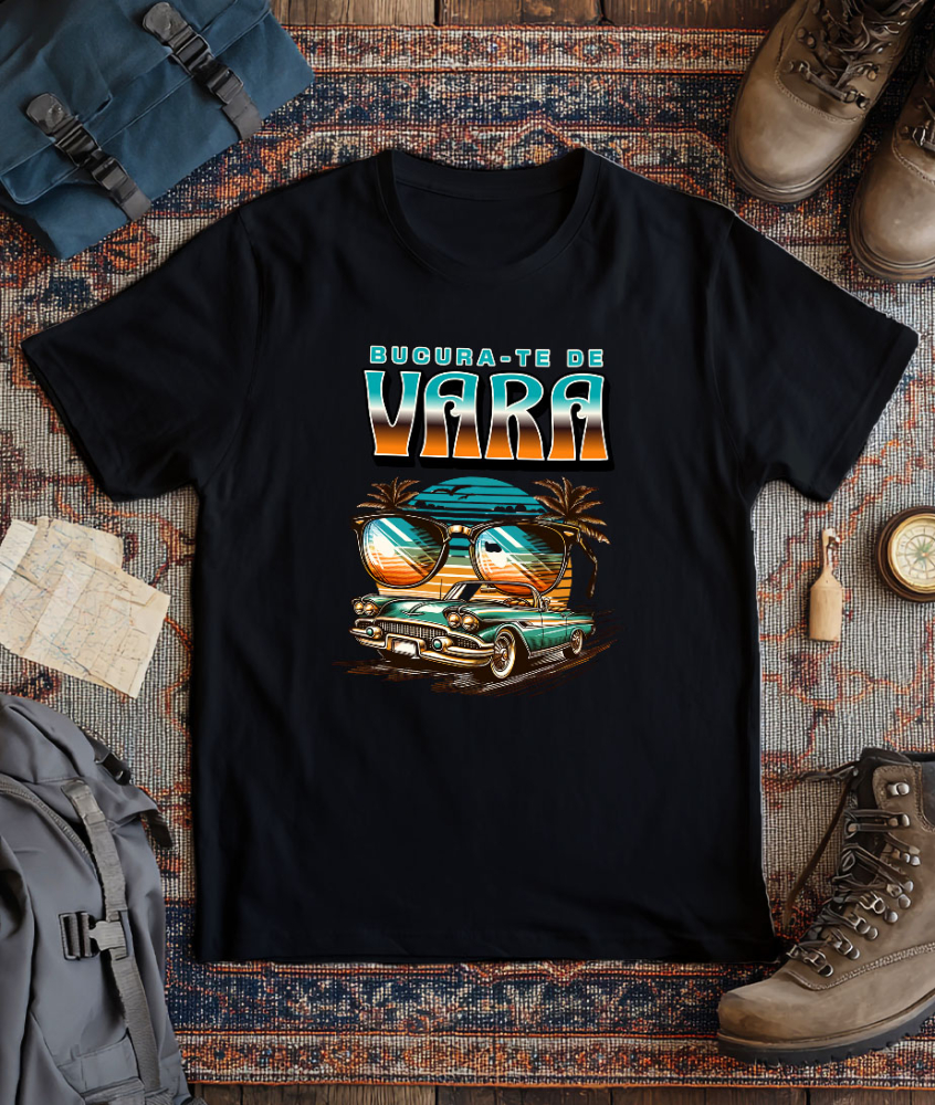 Tricou Femei, Barbati, Copii, Fata, Baiat, Unisex Personalizat "Mașină Vintage și Ochelari de Soare – Bucură-te de Vara cu Produse Personalizate" [3]