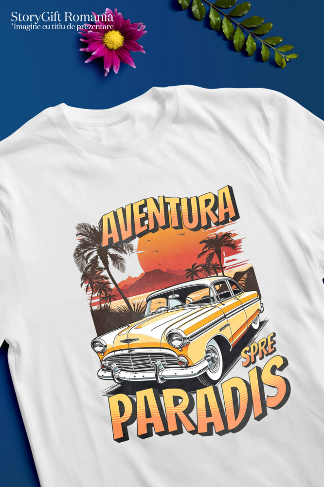 Tricou Femei, Barbati, Copii, Fata, Baiat, Unisex Personalizat Mașină Vintage Galbenă – Aventură Tropicală Spre Paradis [3]