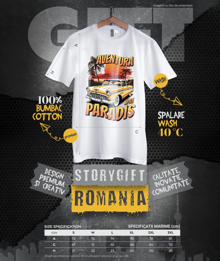 Tricou Femei, Barbati, Copii, Fata, Baiat, Unisex Personalizat Mașină Vintage Galbenă – Aventură Tropicală Spre Paradis [4]