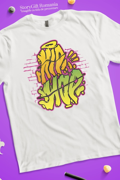 Tricou Barbati Cu Mesaj Hip Hop, Ilustratie Graffiti, Zid, Caramida, cu imprimeu pe Fata, 100% Bumbac, Alb, S [3]