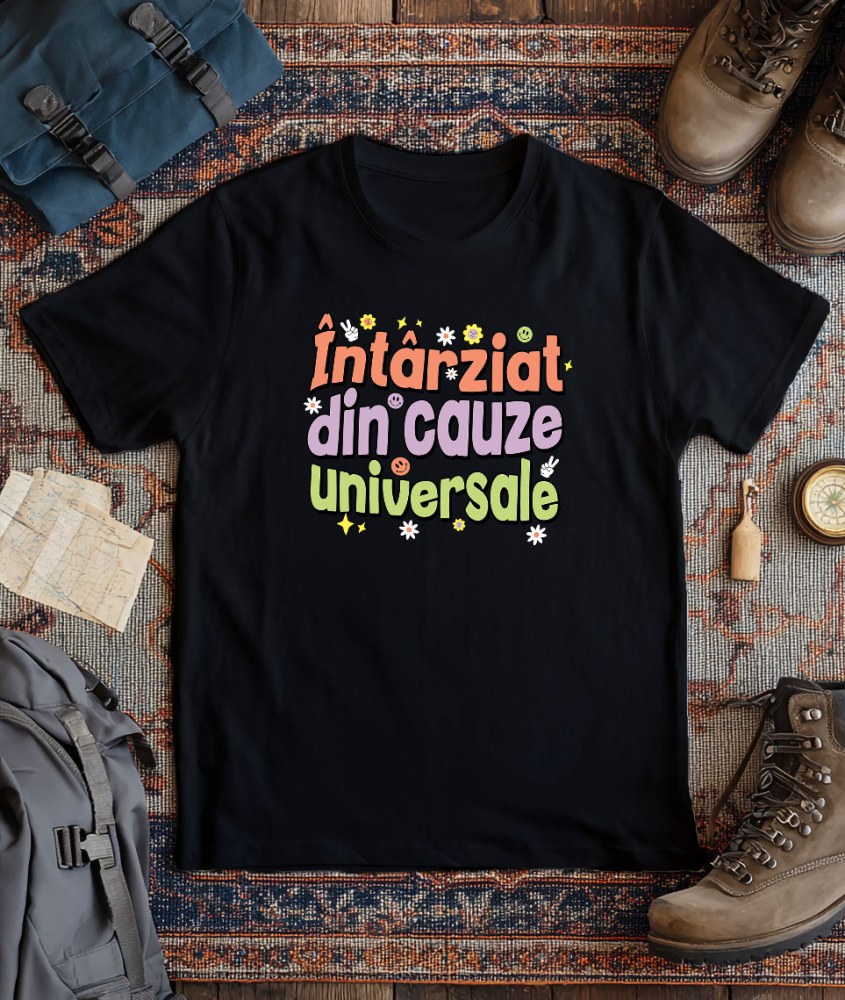 Tricou Femei, Barbati, Copii, Fata, Baiat, Unisex Personalizat Mesaj Haios „Întârziat Din Cauze Naturale” cu Flori Colorate și Smiley Face [3]