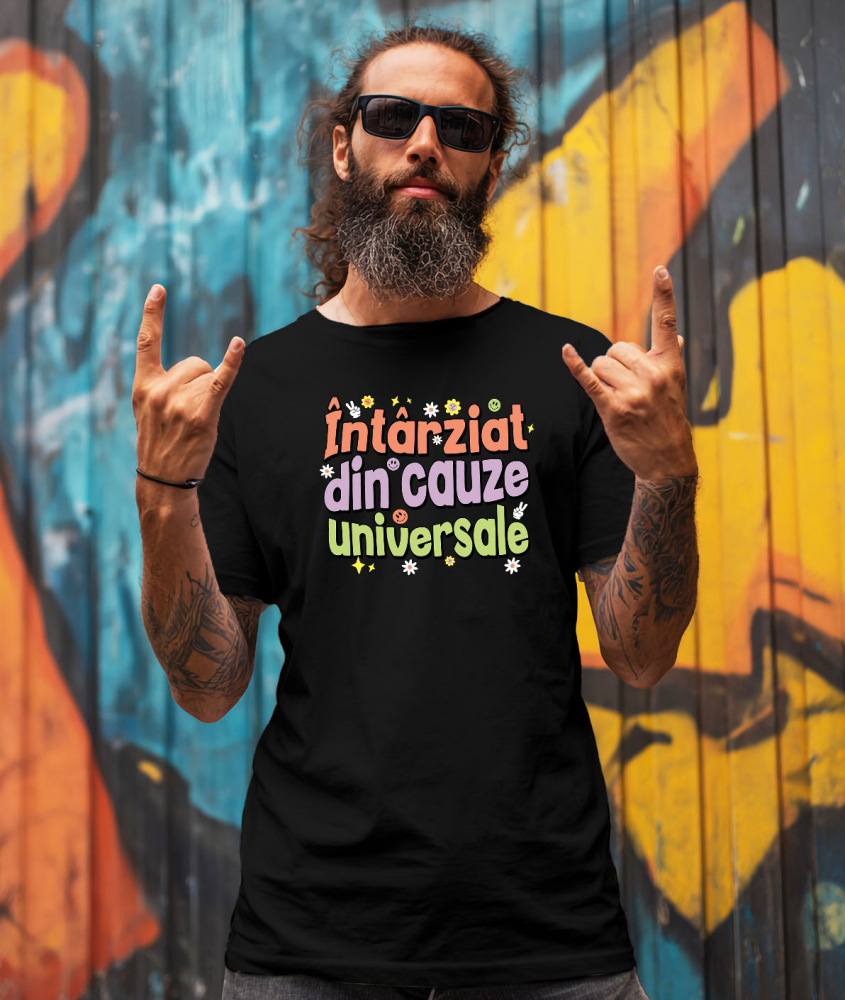 Tricou Femei, Barbati, Copii, Fata, Baiat, Unisex Personalizat Mesaj Haios „Întârziat Din Cauze Naturale” cu Flori Colorate și Smiley Face [2]