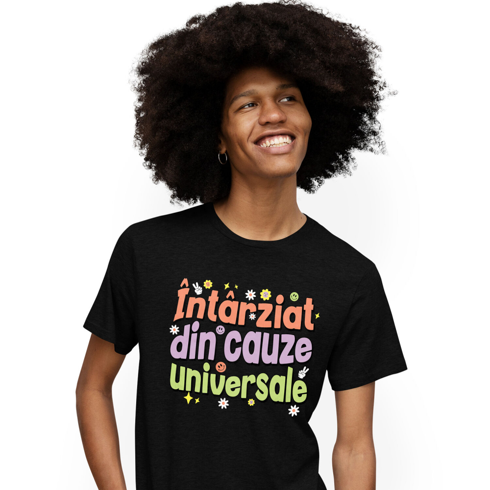 Tricou Femei, Barbati, Copii, Fata, Baiat, Unisex Personalizat Mesaj Haios „Întârziat Din Cauze Naturale” cu Flori Colorate și Smiley Face [1]
