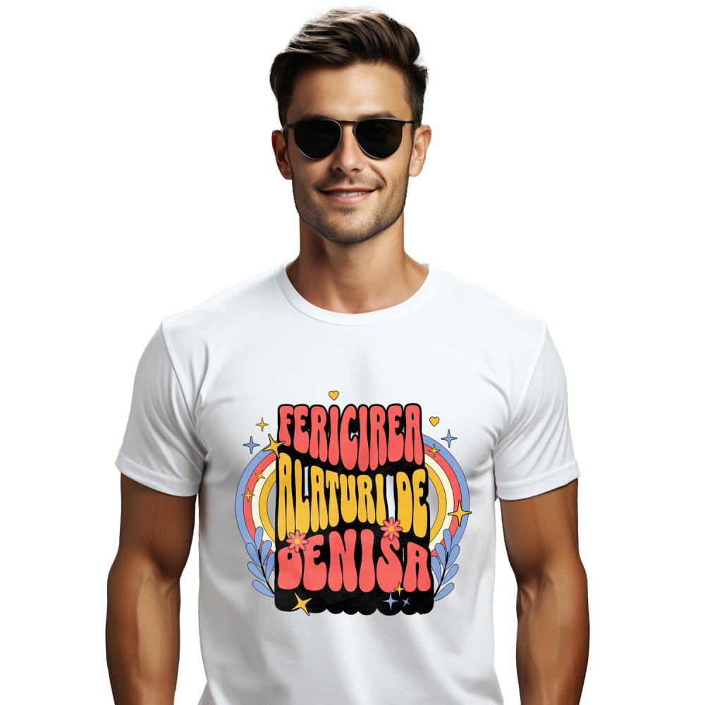 Tricou Femei, Barbati, Copii, Fata, Baiat, Unisex Personalizat „Fericire alături de Denisa” - Mesaj Romantic Personalizat cu Flori Colorate | Cadou pentru Iubită [1]