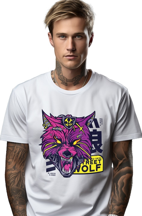 Tricou Barbati Cu Mesaj Street Wolf, Lup, Robot, Mecha, Sci Fi, Colti, cu imprimeu pe Fata, 100% Bumbac, Alb, M [1]