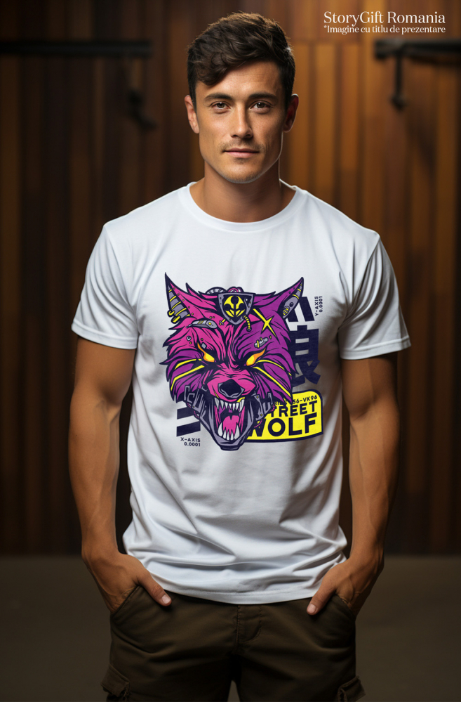 Tricou Barbati Cu Mesaj Street Wolf, Lup, Robot, Mecha, Sci Fi, Colti,  cu imprimeu pe Fata, 100% Bumbac,  Alb, M [3]