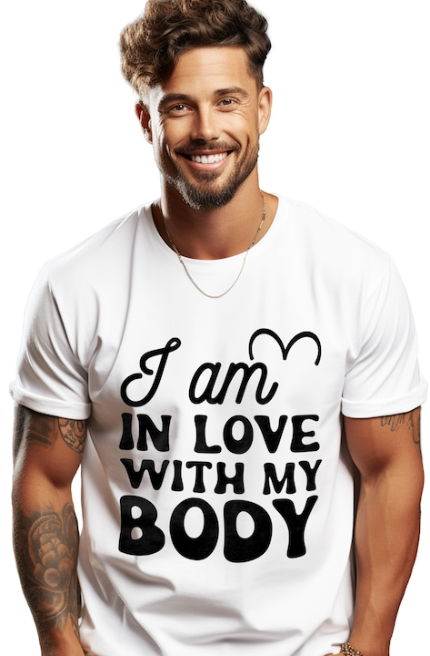 Tricou Barbati cu mesajul "I am in love with my body" - sunt indragostit de corpul meu cu imprimeu pe Fata, 100% Bumbac, Alb, M [1]