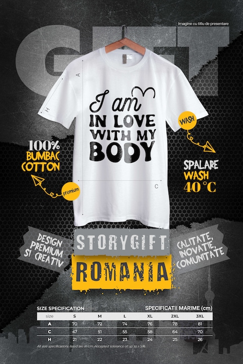 Tricou Barbati cu mesajul "I am in love with my body" - sunt indragostit de corpul meu cu imprimeu pe Fata, 100% Bumbac, Alb, M [3]