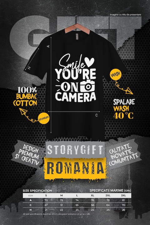 Tricou Barbati cu mesajul in engleza "Smile, you're on camera" - zambeste la camera aparat de fotografiat poza cu imprimeu pe Fata, 100% Bumbac, Negru, L [3]
