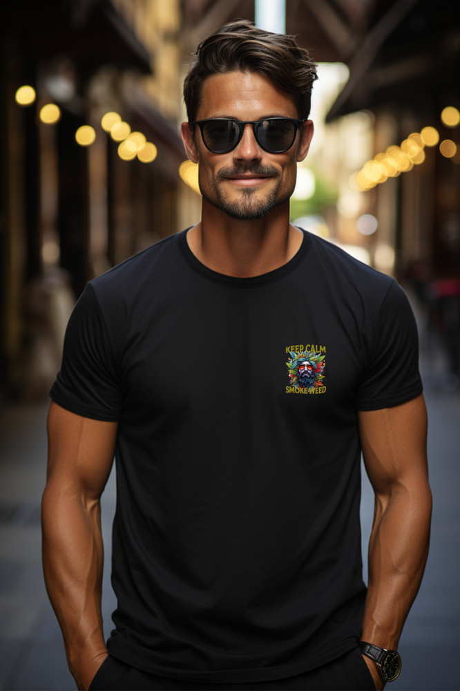 Tricou Barbati cu mesajul "Keep calm, smoke weed", stilul hippie, cultura, ilustratie, stai calm, fumeaza iarba, ochelari, frunze, plante, portret de barbat cu Maner Alb cu imprimeu pe Spate, 100% Bum [3]