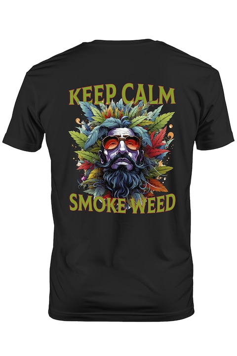 Tricou Barbati cu mesajul "Keep calm, smoke weed", stilul hippie, cultura, ilustratie, stai calm, fumeaza iarba, ochelari, frunze, plante, portret de barbat cu Maner Alb cu imprimeu pe Spate, 100% Bum [1]